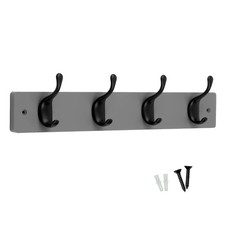 keypak 4 Matte Black Coat Hooks on Grey Wooden Board - 46cm Modern Wall Mounted