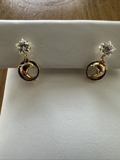 Yellow 14K Dolphin In Hoop Earrings With Cubic Zirconia Stars Weight 1.25 Grams