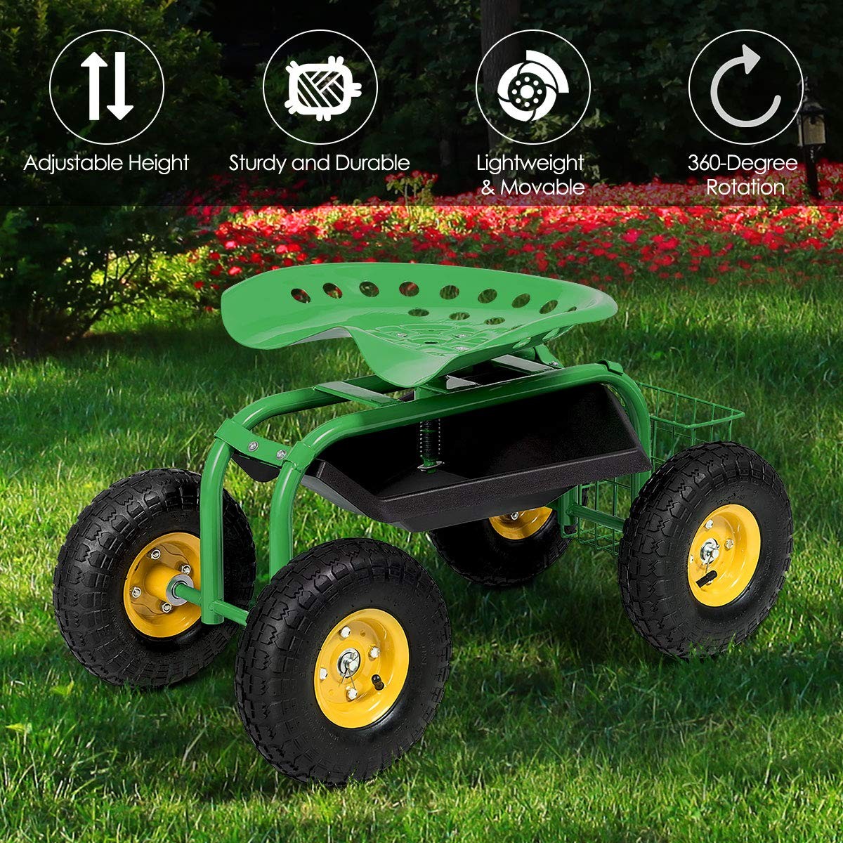Green Heavy Duty Garden Cart Rolling Work Seat for Planting, Adjustable Swivel