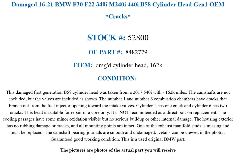 Damaged 16-21 BMW F30 F22 340i M240i 440i B58 Cylinder Head Gen1 OEM *Cracks* - Image 2 of 4