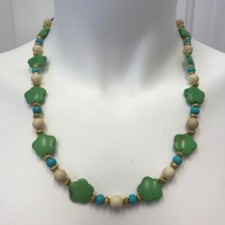 Handmade Necklace of Green, Turquoise Blue, and Tan Magnesite Stone Flower Beads