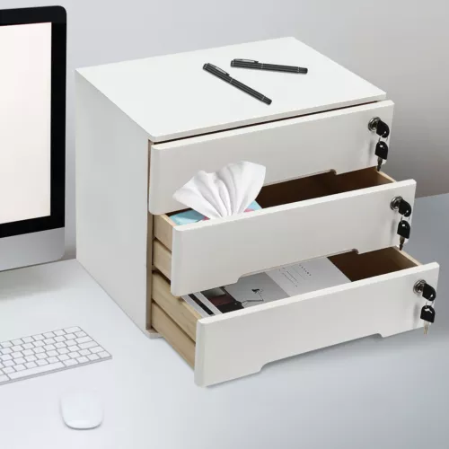 Wooden Desktop Storage Box with Lockable Drawers, Office Supplies File Organizer - Picture 3 of 6