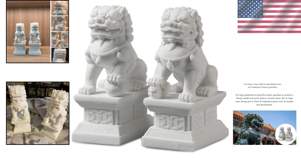 Elegante tamaño grande Foo Dog Guardianes - Estatua de piedra gris de 18 cm para suerte y riqueza Foto 2 de 4