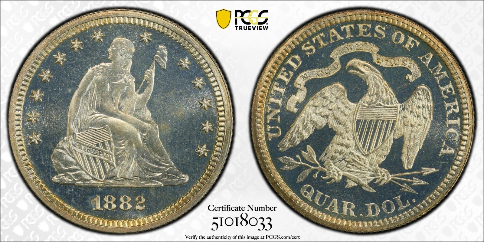 1882-P Seated Liberty Silver Quarter 25C PCGS PROOF PR 67 CAMEO Type 5 w/ Motto