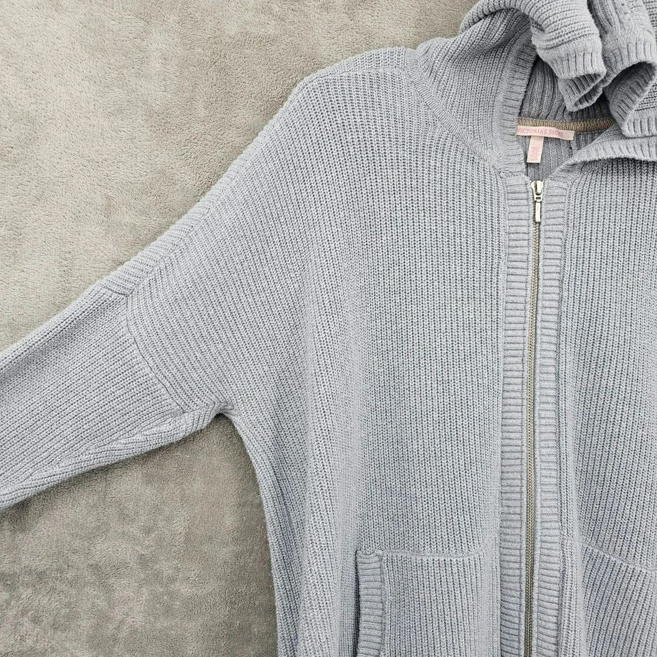 Moletom com capuz Victorias Secret L azul cinza com zíper ombro caído bainha dividida bolsos macios - Imagem 3 de 4