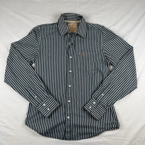 Hollister Mens Button Up Long Sleeve Collared Shirt Gray Striped Pocket Large