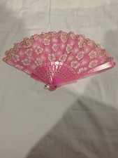 Folding Hand Fan Pink w/Bronze  Roses open size 16.5x9"