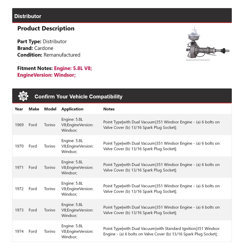 For 1969-1974 Ford Torino 5.8L V8 Distributor Cardone 1970 1971 1972 1973 - Image 2 of 4