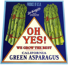 "OH YES!" VINTAGE 1950s SAN FRANCISCO CALIFORNIA ASPARAGUS VEGETABLE CRATE LABEL