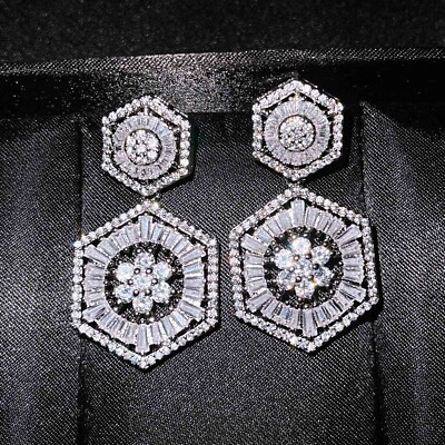 European Luxury Shinny White Topaz Gemstone Silver Women Stud Dangle Earrings