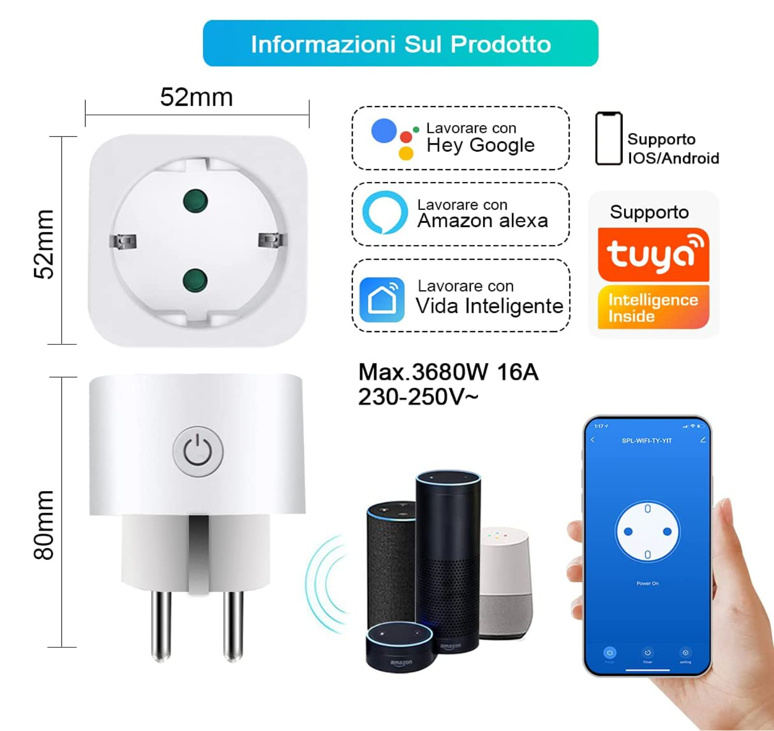 PRESA SMART WIFI SPINA COMPATIBILE ANDROID IPHONE IOS ALEXA GOOGLE ASSISTANT