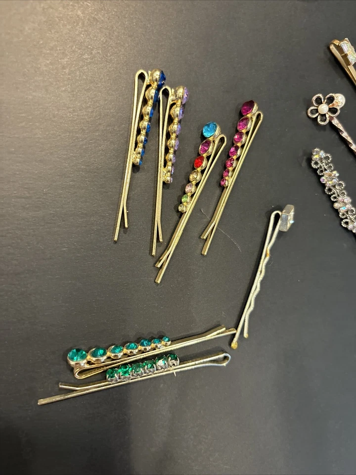 Lote enorme vintage de alfinetes de barrettes de cabelo de strass alguns marcados Taiwan Coreia flor de mão - Imagem 2 de 4