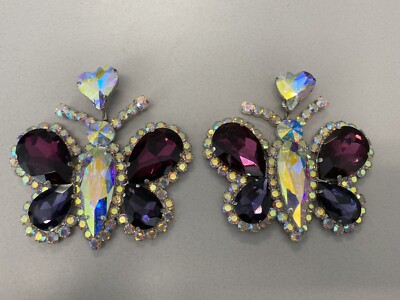 Touch of Elegance Jewelry ~ Drag Queen Purple & AB Butterfly Magnetic Earrings