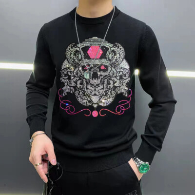 New Men Luxury Diamond Gothic Rhinestones Fashion Knitted Black White Sweater