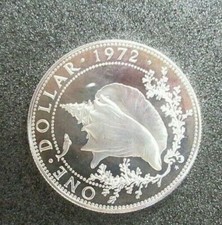 1972 BAHAMAS REGINA ELISABETTA II 1 DOLLARO .800 ARGENTO PROOF 34 MM MONETA CONCHIGLIA GUSCIO