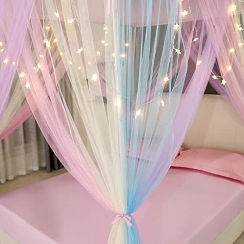 Canopy Bed Curtains with Lights,Rainbow Bed Canopy for Girls,Bed Drapes Netti...