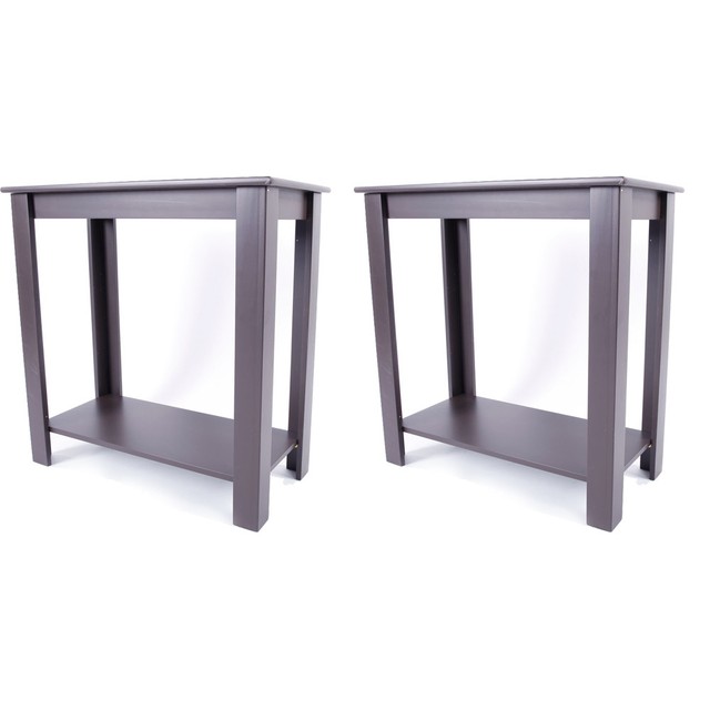Set Of 2 Narrow Brown Chair Side Table Coffee Sofa Wooden End Shelf Living Room