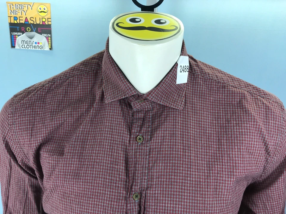 Camisa L/S Para Hombres Scott James Grande 16.5 Gris Granate Mini Cuadros Algodón Lavado Foto 2 de 4