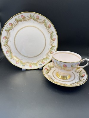 3 Pc Tuscan Fine English Bone China Pink Acorn Teacup Saucer Luncheon Plate