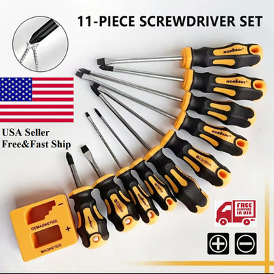 11 PCS Magnetic Screwdriver Set 5 Phillips 5 Flat Head Tips Magnetizer Tool US 