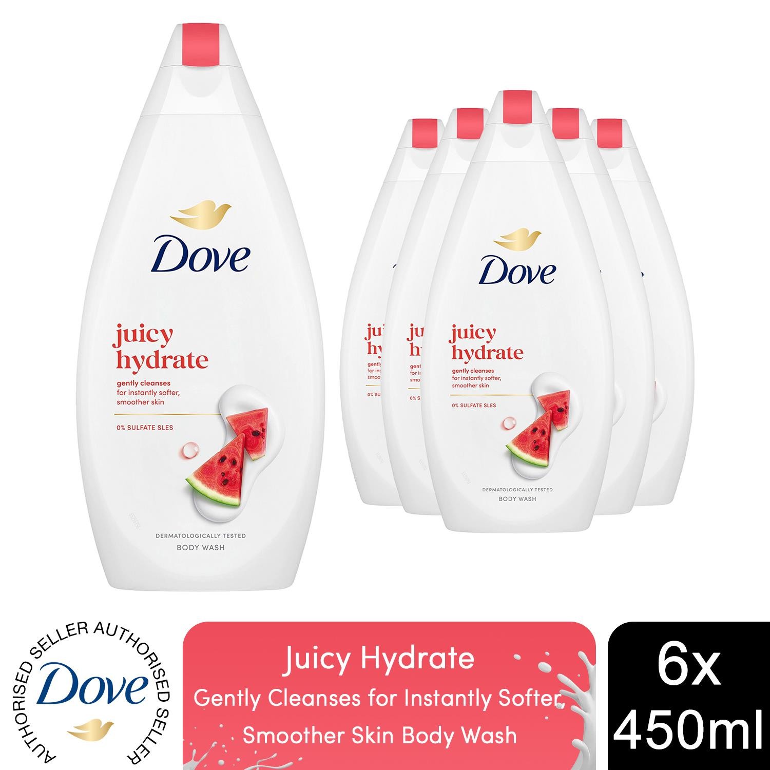 Dove Juicy Hydrate Body Wash Watermelon Moisturising Gentle Cleansing 450ml, 6pk