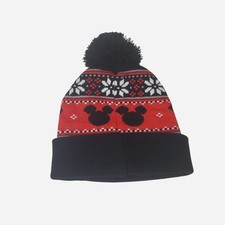 Disney Mickey Mouse Unisex Adult Pompom Beanie One Size Black Red Knit Holiday