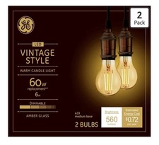 2 Pack GE Vintage Style AMBER GLASS Warm Candle medium base Bulbs 60w 560 Lumens