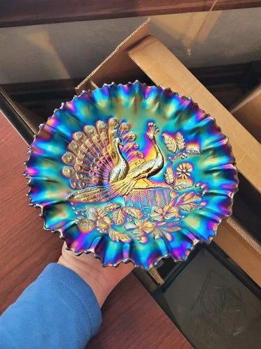 THE BEST ELECTRIC Purple Northwood Carnival Glass Peacocks on the Fence PCE Bowl