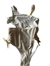 Flapdoodles White Bathing Suit Gold Polka Dots Stripes Girls 6X Beach 0101