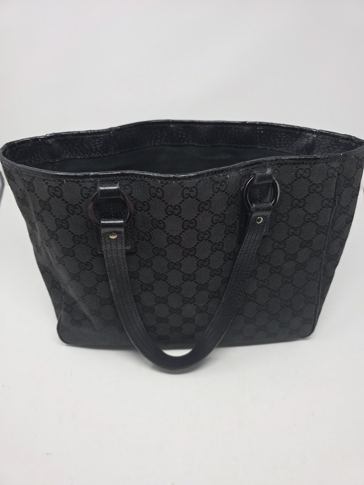Gucci Black GG Pattern Tote Shoulder Bag Double Handles Silver Hardware Pockets