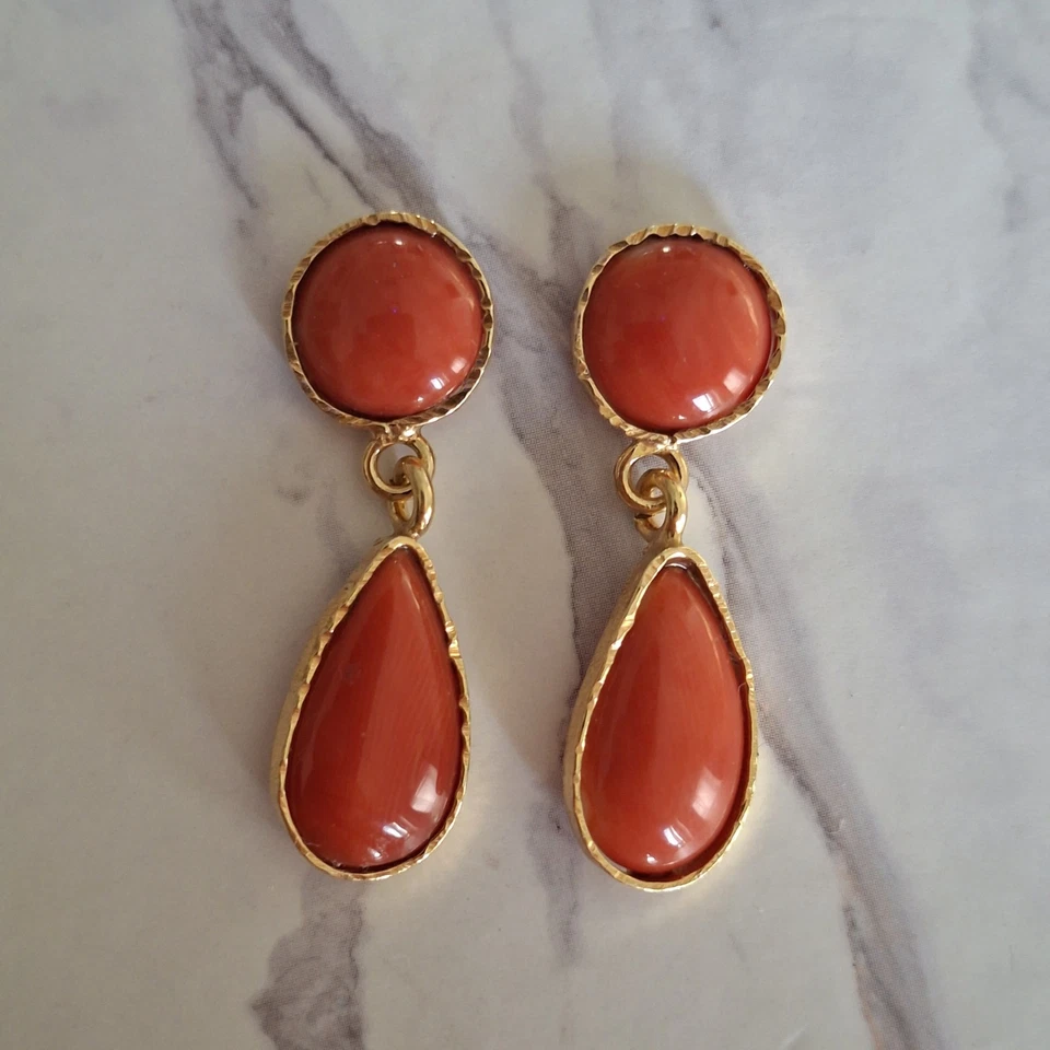 Antichi Orecchini A Goccia Vero Corallo Arancione Bottoni Argento 925 Oro - Immagine 2 di 4