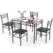5 PC Dining Set Glass Top Table and 4 Chairs Kitchen Room Furniture