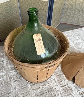 Antique Italian 26  Demijohn Wine Jug Large Demigiana Green Glass W/ Tag Rustic