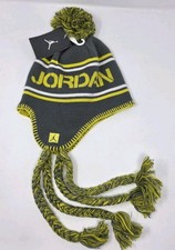 NWT - Jordan Brand Knit Beanie With Tassels, Ear Flap  Pom - Gray/Yellow/White