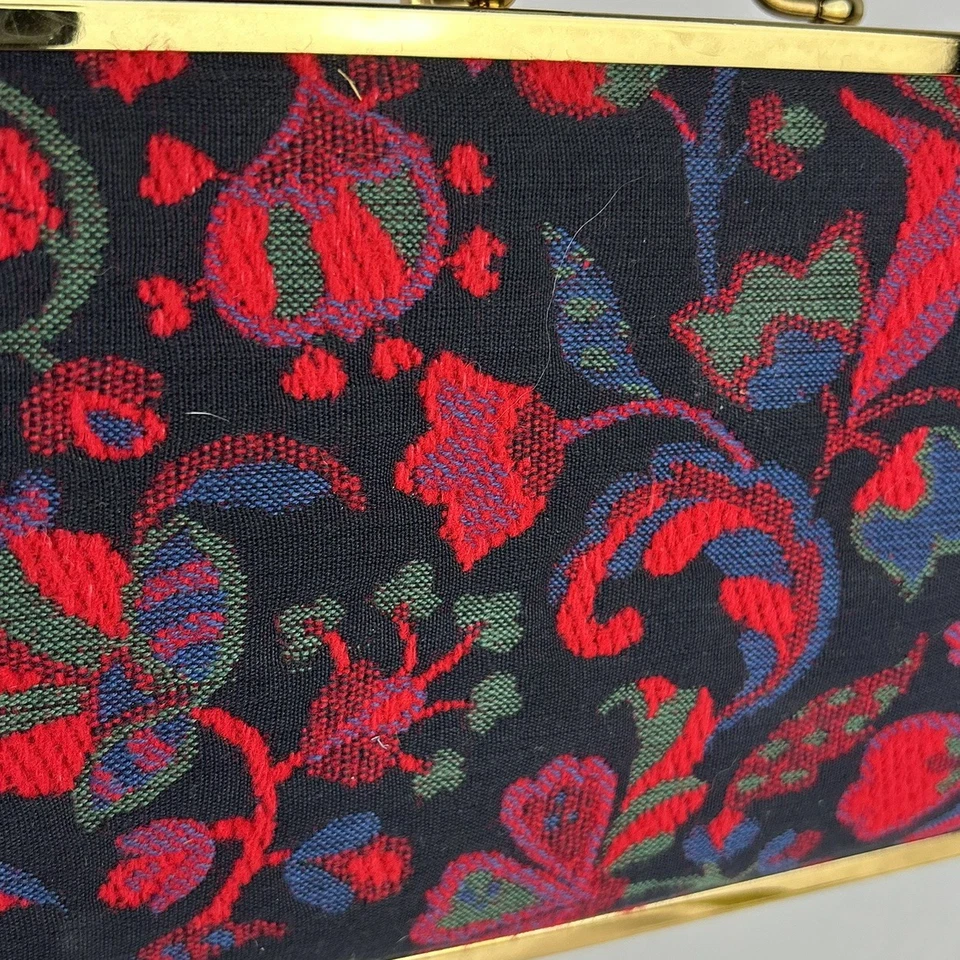 Lou Taylor Vintage Box Bag Purse Gold Metallic upholstered Hinged Handle Glam - Image 3 of 4