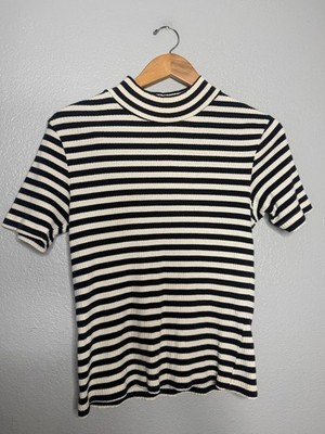 Dockers 90s Black and Cream Striped Short Sleeve Mock Neck Top sz small