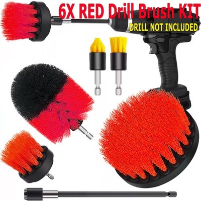Red 6 Pack Drill Brush Attachment Scrubber Brushes Set Kit with Bit Extension