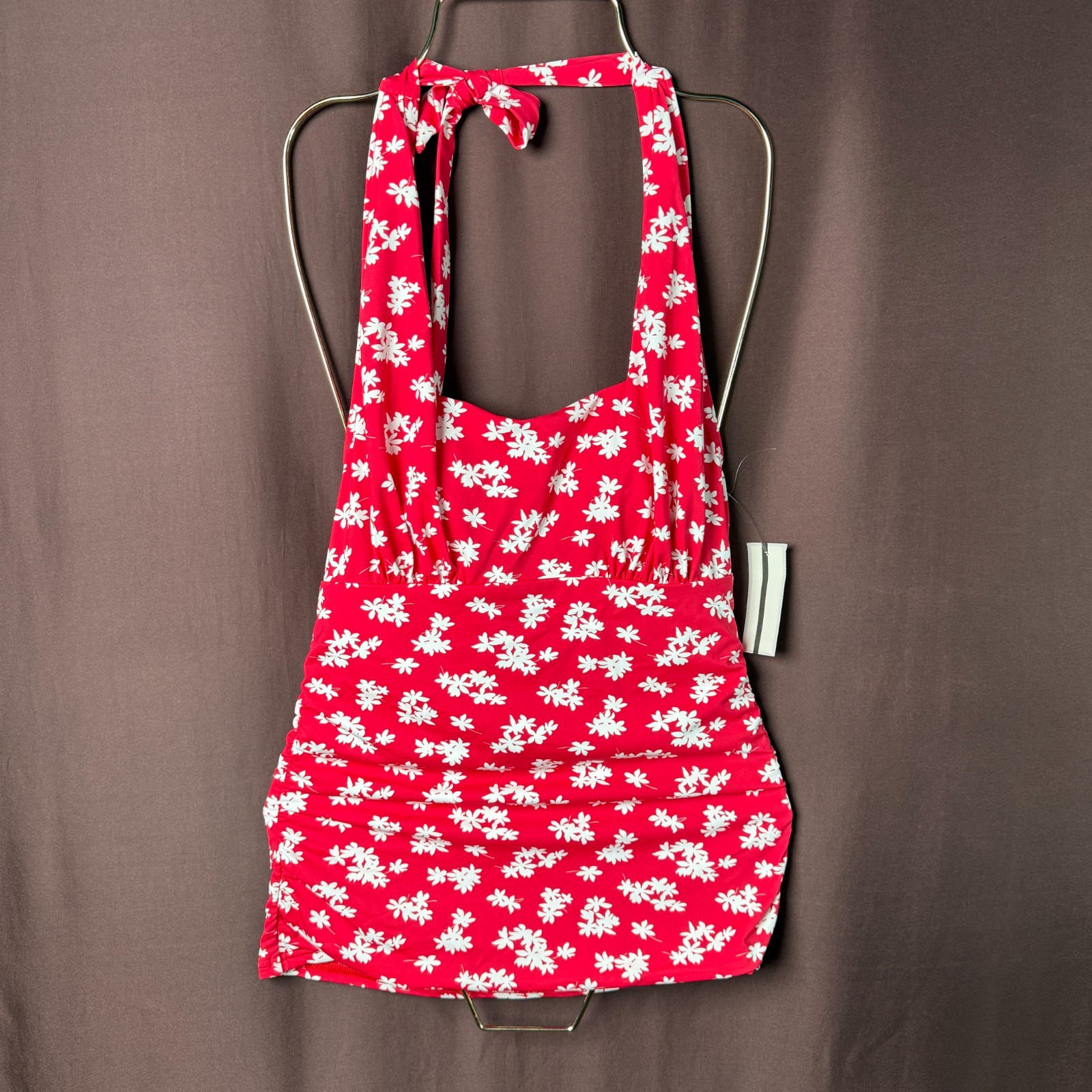 Land's End Women's 4, 2-10 LONG Red Floral Print Side Ruching Halter Tankini Swi