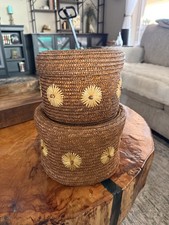 Set of 2 Woven Straw Storage Baskets with Lid Round Beaded Yellow Flowers