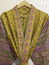 Pure Silk Yellow  Green kimono Long Robe Gown Girl's Woman Silk Kimono KMO5389