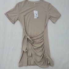 Halara Beige Tie Front Ruched Mini Dress Short Sleeve Size L NWT