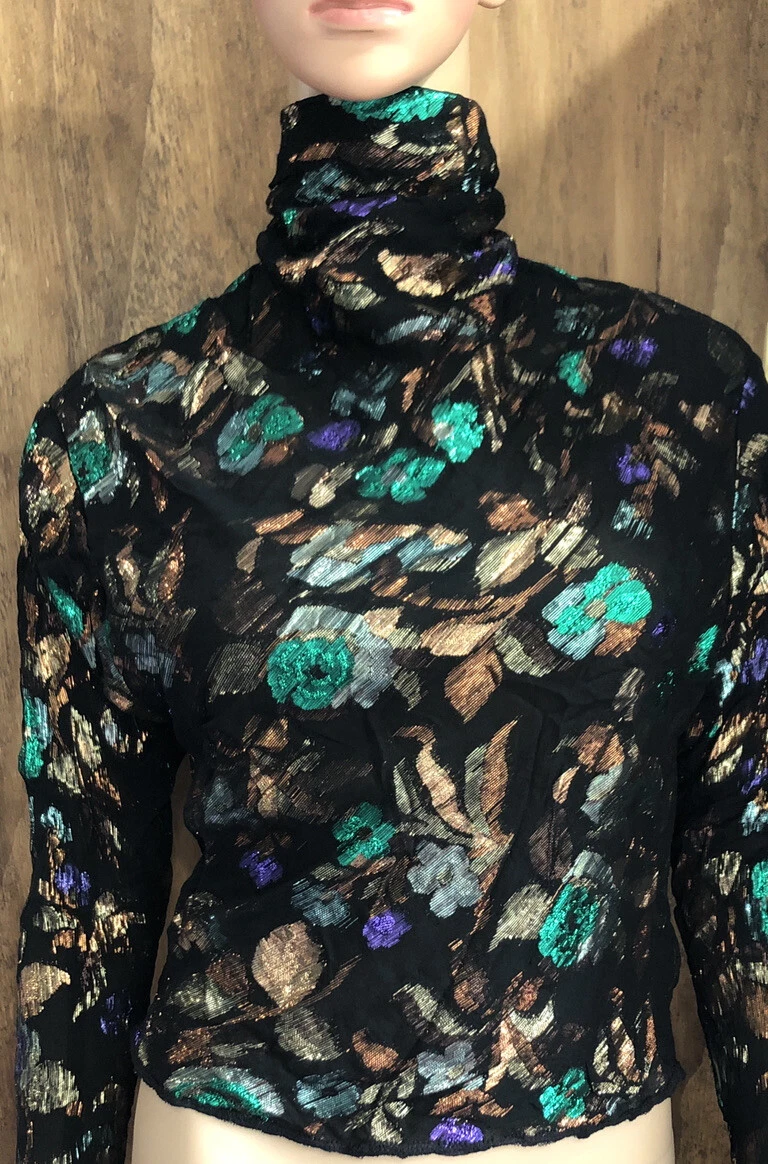 Chemisier vintage Dior capuchon tortue noir métallisé floral PXS PS *Voir mesures*