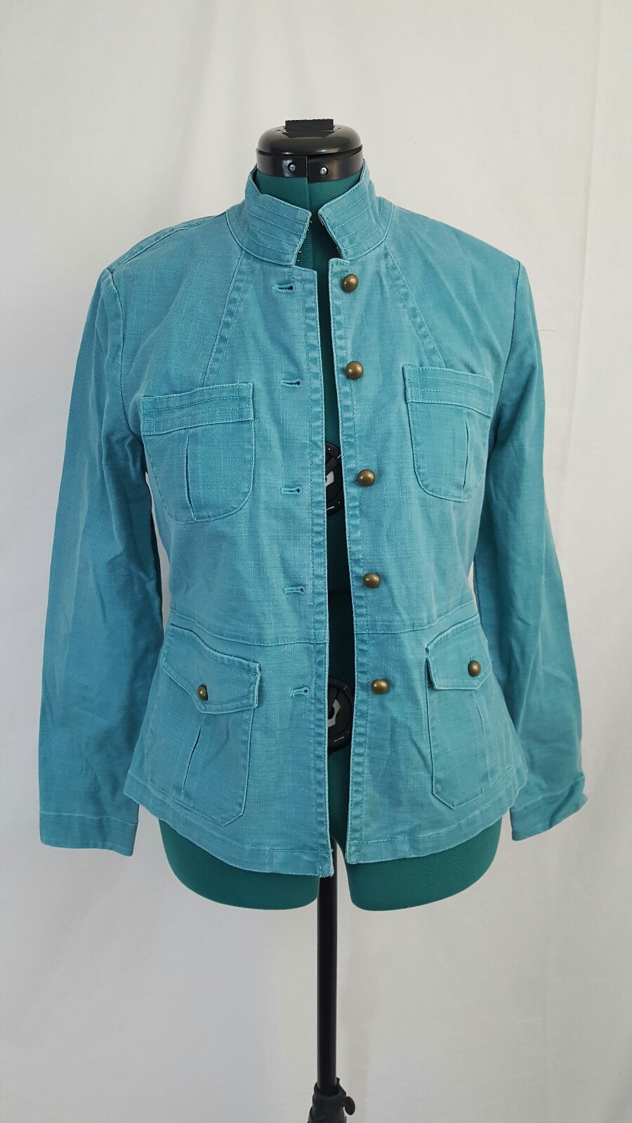 Womens Jacket Blue Green Military High Neck Style & Co Small Stretch eBay