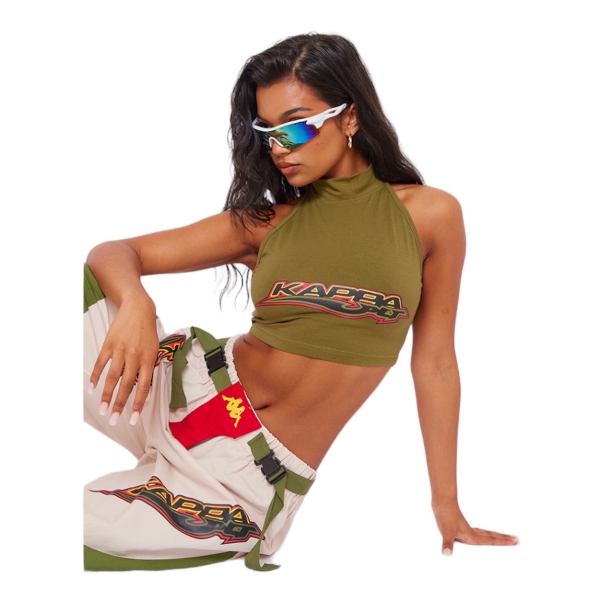 トップス koha Kappa Green Printed Logo Khaki Short Sleeveless Racer Zip Up Crop