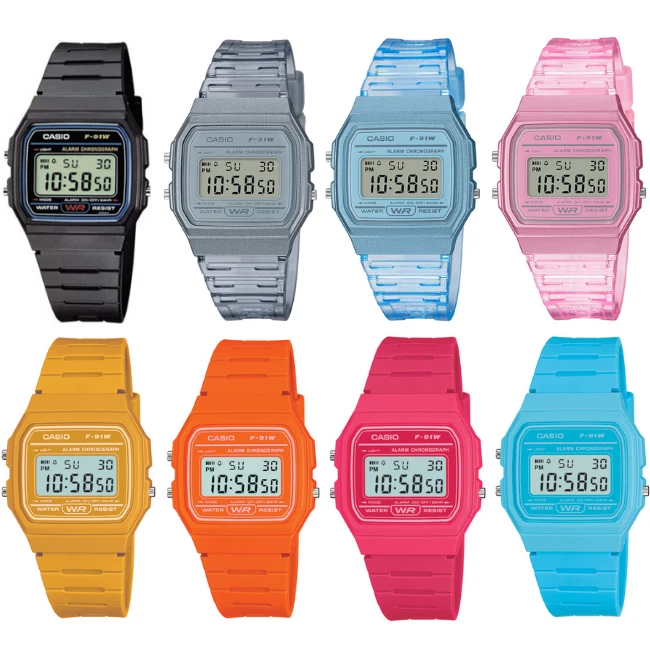 CASIO F91 DIGITAL WATCH CASUAL CLASSIC RESIN GREY PINK BLUE YELLOW NEON -  F-91W