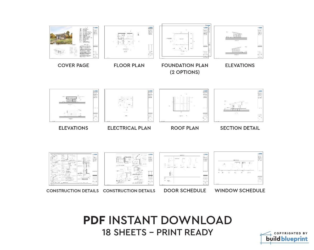 22x28 Lean Modern Cabin Architectural Plans - 616SF PDF Download By Build Blueprint (US Made)