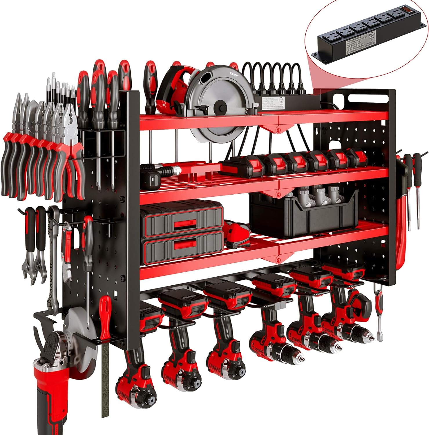 Wall Mount Power Tool Organizer with 4 Layers 6 Slots and Charging Station for Cordless Drills