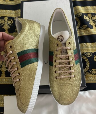 NEW 100% AUTH GUCCI BAMBI GLITTER METALLIC GOLD SNEAKERS SHOES G
