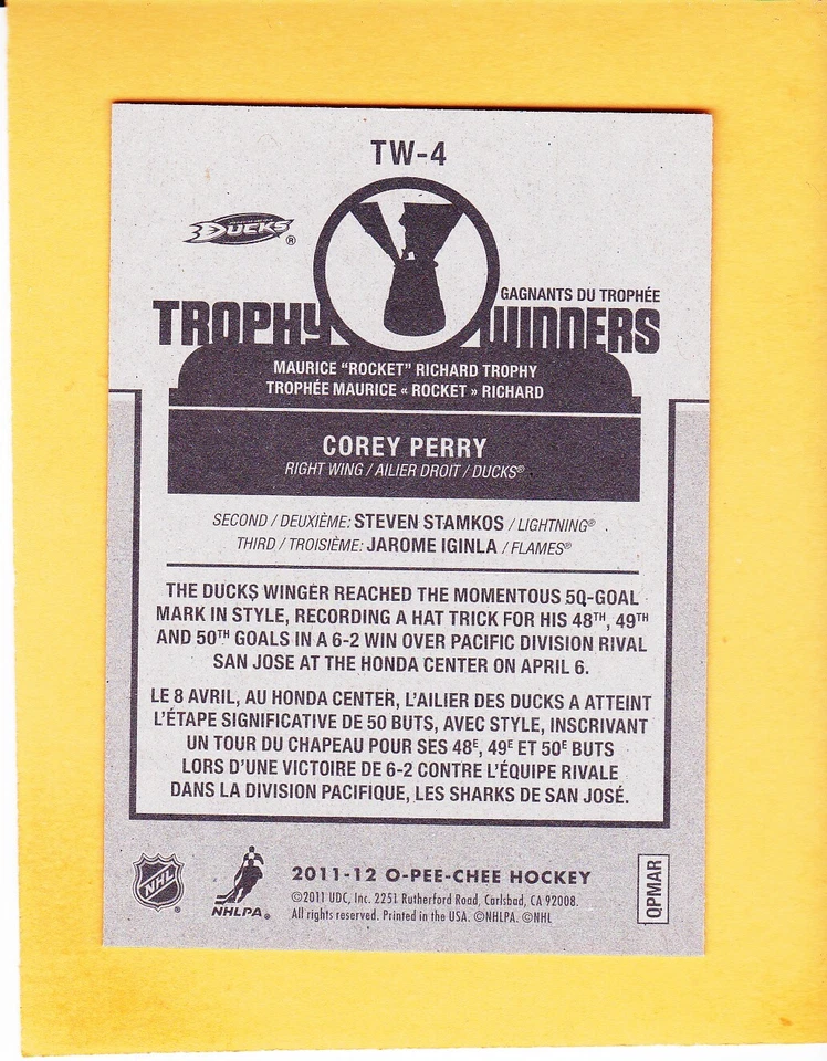 COREY PERRY 2011-12 O-PEE-CHEE TROPHY WINNERS #TW-4 ANAHEIM DUCKS NM-MT A1 - Image 2 of 2