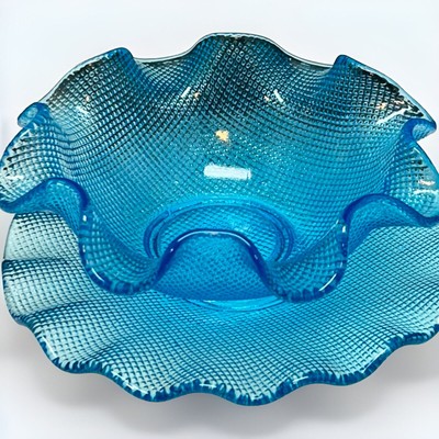Vintage Colony Glass Ruffled Edge Waffle Bowl & Plate Set Aqua Blue
